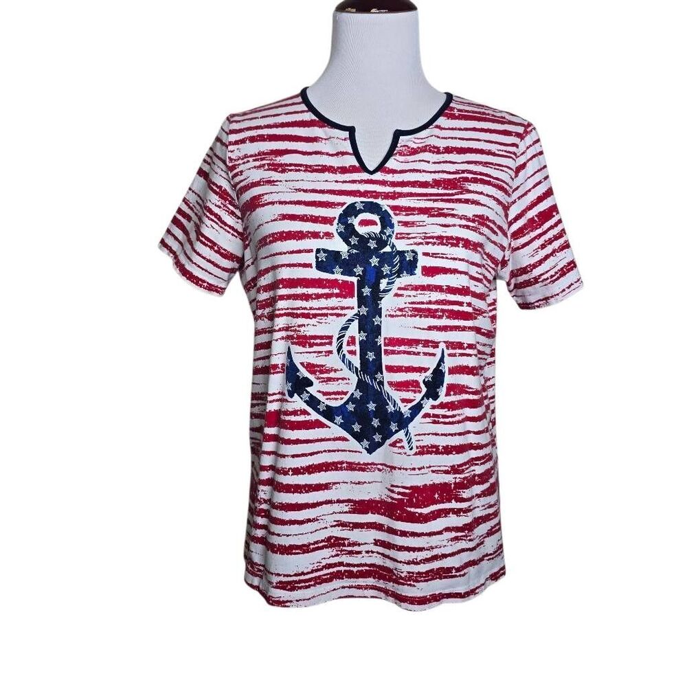 Alfred Dunner Nautical Anchor Striped Top Red White Navy Split V Neck M